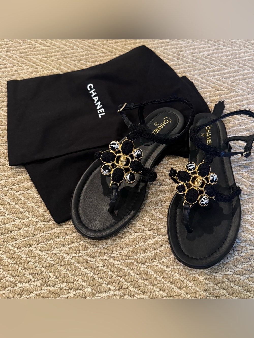CHANEL Black & Gold Floral Motif Slingback Sandals
